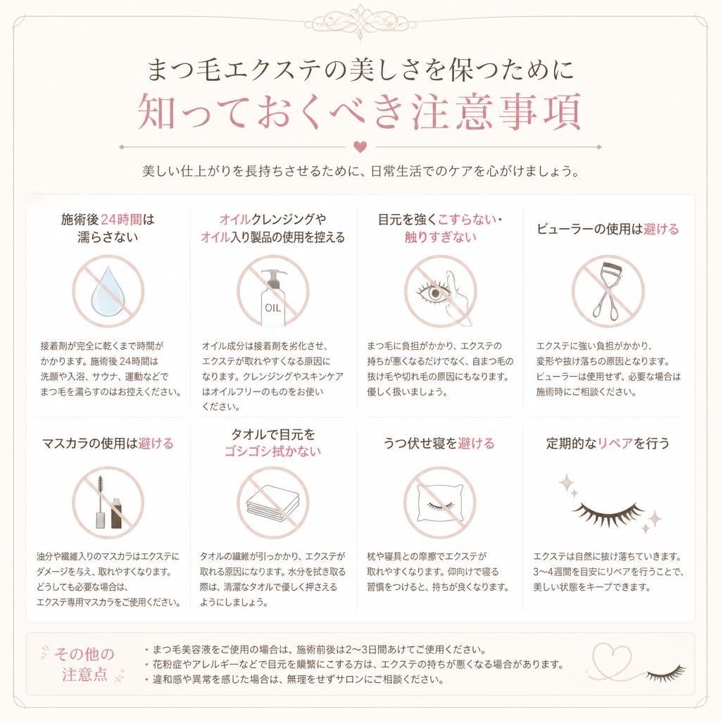 まつ毛エクステの美しさを保つために、知っておくべき注意事項